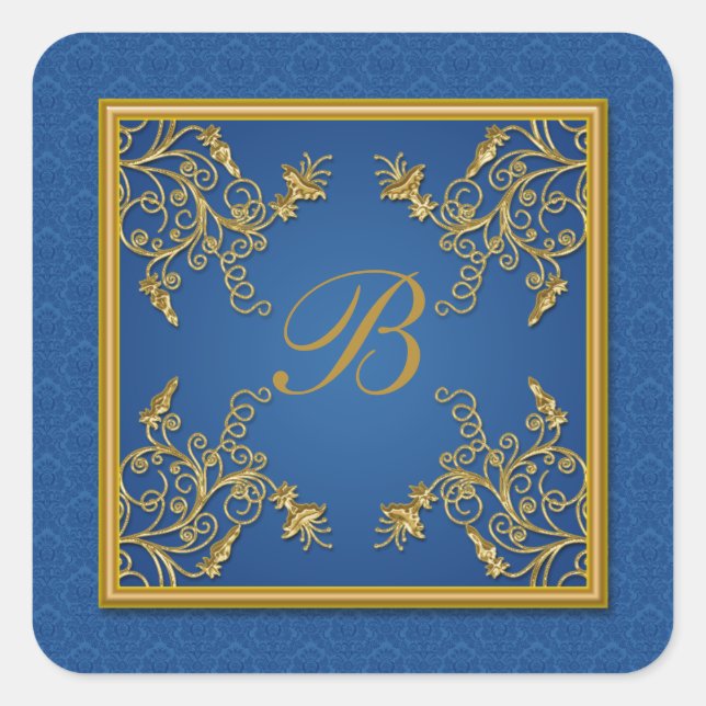 Monogramm-Aufkleber für blaue und goldene Floral-D Quadratischer Aufkleber (Vorderseite)