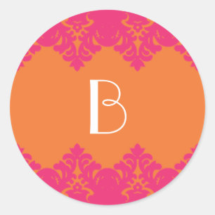 Monogramm-Aufkleber für Orange und Hot-Pink-Damask Runder Aufkleber