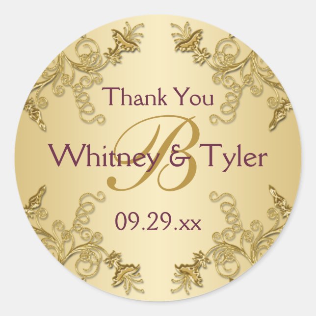 Monogramm-Aufkleber für Pflaumenwein und Goldflore Runder Aufkleber (Vorderseite)