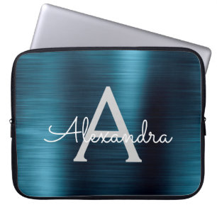 Monogramm aus blauem Metallic Modernes Chic Laptopschutzhülle