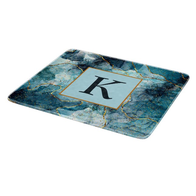 Monogramm aus blauem und goldglattem Marmor Schneidebrett (Ecke)