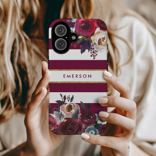 Monogramm aus Burgund und Gold Boho Floral Strips iPhone 16 Hülle