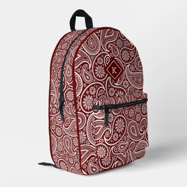 Monogramm aus dunkelrotem und weißem Paisley Bedruckter Rucksack (Rückseitige Ecke links)