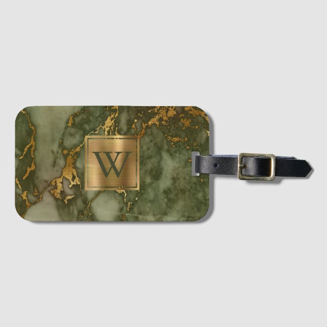 Monogramm aus elegantem Olive Green Gold-Marmor Gepäckanhänger (Vorderseite (Horizontal))