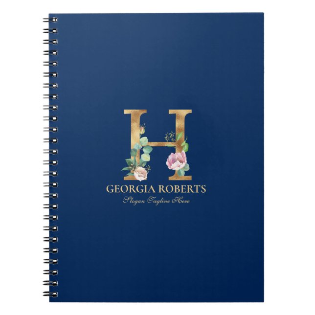 Monogramm aus Gold und Blumen auf blau 3 Ring B Notizblock (Vorderseite)