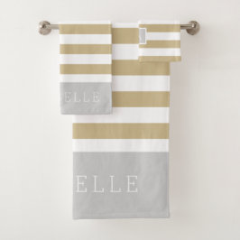 Monogramm aus Gold und grauen Streifen | Editierba Badhandtuch Set