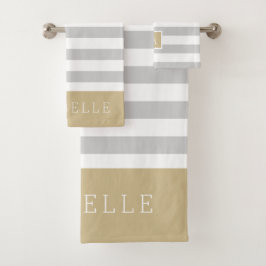 Monogramm aus Gold und grauen Streifen | Editierba Badhandtuch Set
