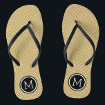 Monogramm aus Gold und Schwarz Flip Flops<br><div class="desc">Maßgeschneiderte gedreht Flop Sandalen mit einem niedlichen gürtelförmigen Polka-Punktmuster und einem eigenen Monogramm oder einem anderen Text in einem Kreisrahmen. Klicken Sie auf Anpassen,  um Schriftart und Farben zu ändern oder eigene Bilder hinzuzufügen,  um ein einzigartiges Design zu erstellen!</div>