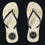 Monogramm aus Gold und Schwarz Flip Flops<br><div class="desc">Maßgeschneiderte,  bedruckte Flop-Sandalen mit einem stilvollen,  modernen Trellis-Muster und einem eigenen Monogramm oder einem anderen Text in einem Kreisrahmen. Klicken Sie auf Anpassen,  um Schriftart und Farben zu ändern oder eigene Bilder hinzuzufügen,  um ein einzigartiges Design zu erstellen!</div>