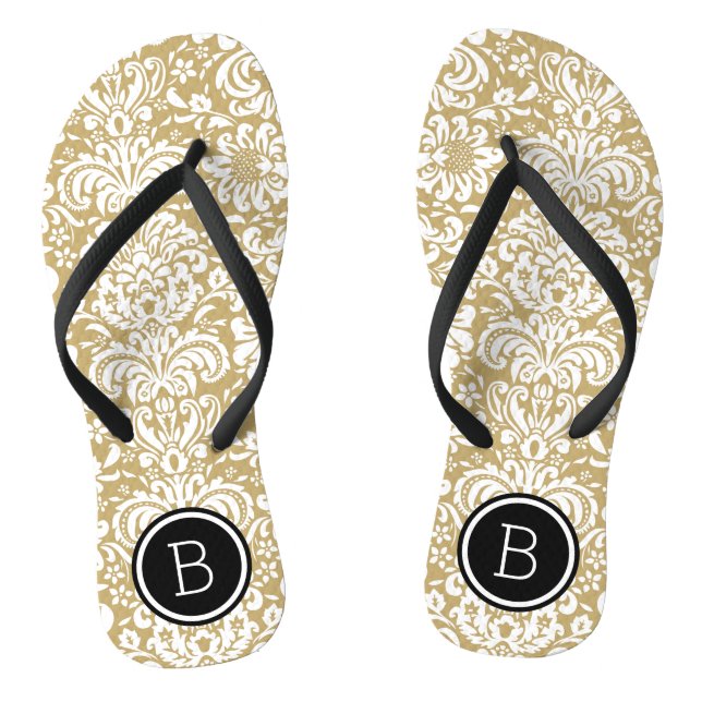 Monogramm aus Gold und schwarzem Floral Flip Flops (Fußbett)