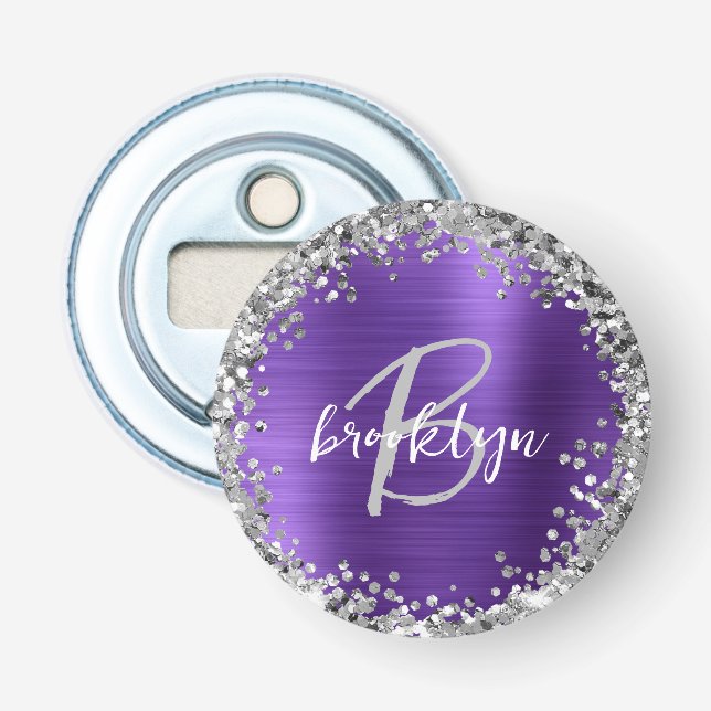 Monogramm aus lila gebürstetem Metall Silber Glitz Flaschenöffner (Vorderseite)