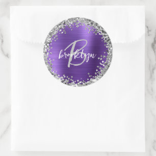 Monogramm aus lila gebürstetem Metall Silber Glitz Runder Aufkleber