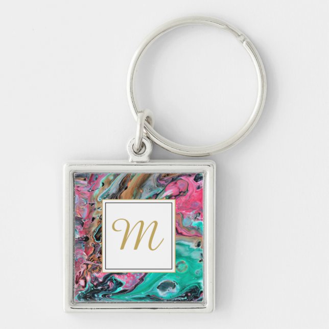 Monogramm aus rosa und grünem Marmor Schlüsselanhänger (Vorne)