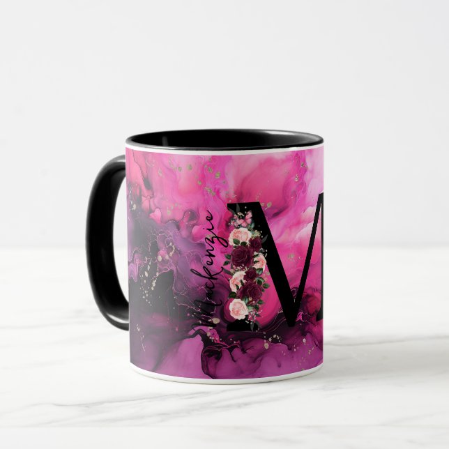Monogramm aus rosa und Lila Marmor Tasse (Vorderseite Links)