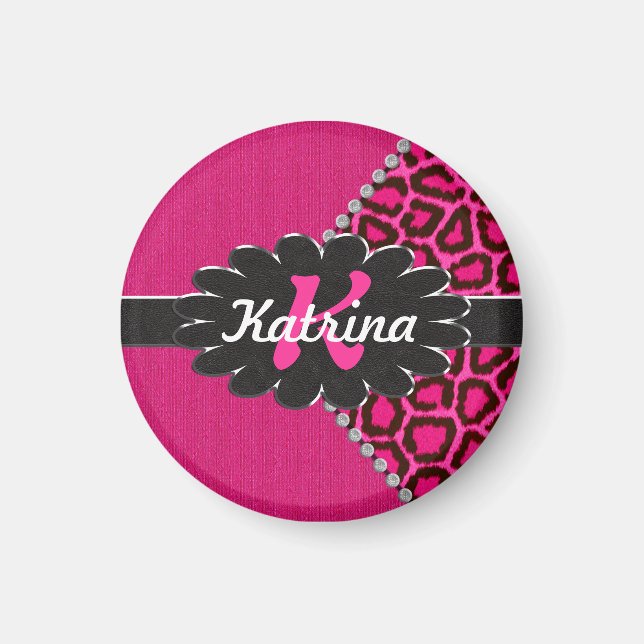 Monogramm aus schwarzem Leder in rosa Geparden Magnet (Vorne)