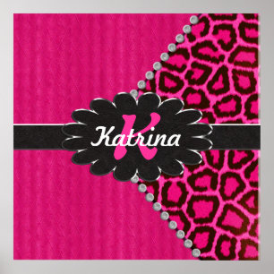 Monogramm aus schwarzem Leder in rosa Geparden Poster