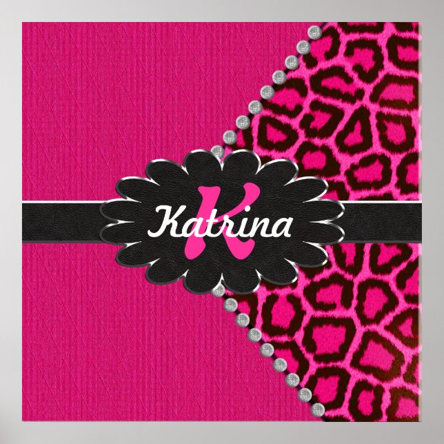 Monogramm aus schwarzem Leder in rosa Geparden Poster (Vorne)