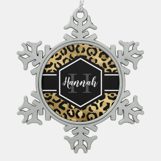 Monogramm aus schwarzem Leopard Schneeflocken Zinn-Ornament (Vorderseite)