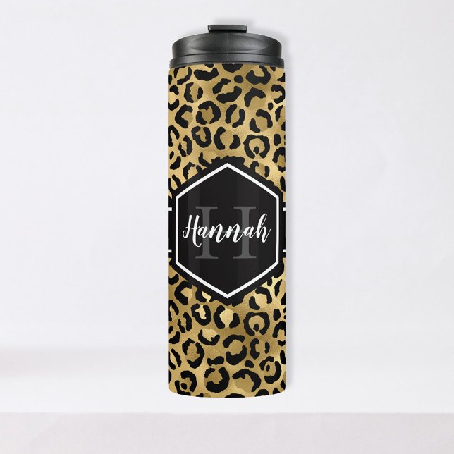 Monogramm aus schwarzem Leopard Thermosbecher (Von Creator hochgeladen)