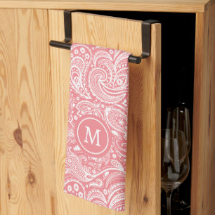 Monogramm aus weißem und rosa Vintagem Paisley Geschirrtuch