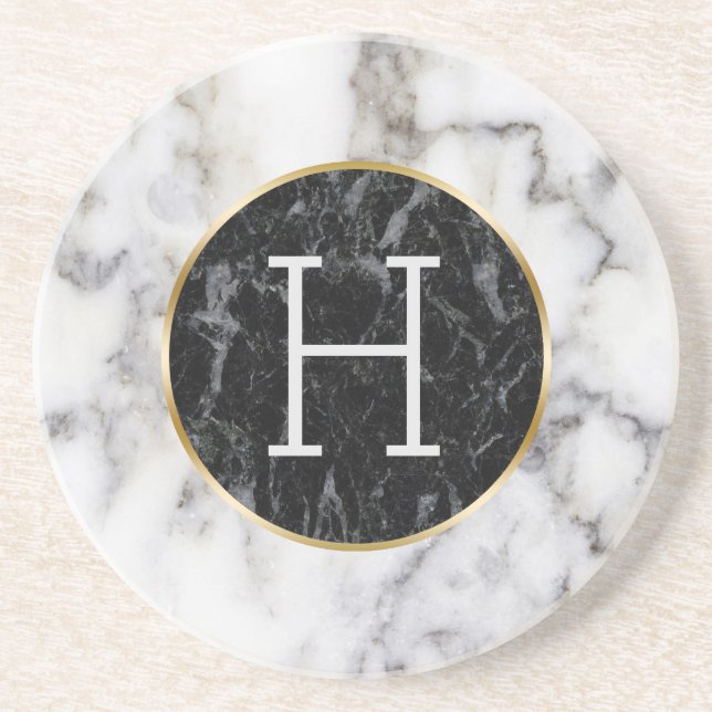 Monogramm aus weißem und schwarzem Zirkel Sandstein Untersetzer (Vorne)