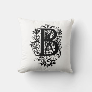 Monogramm B Initial Black and White Floral Pattern Kissen
