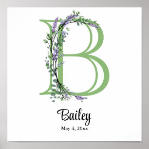 Monogramm B Lavendel-Eukalyptus-Kinderzimmerplakat Poster