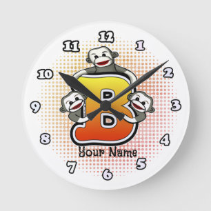 Monogramm B Sock Monkey-Uhr Runde Wanduhr