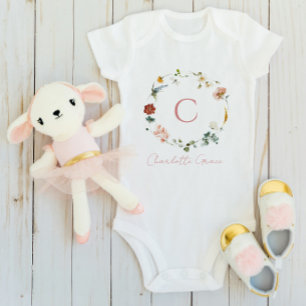 Monogramm Baby Mädchen Rosa Wasserfarbe Floral Strampler