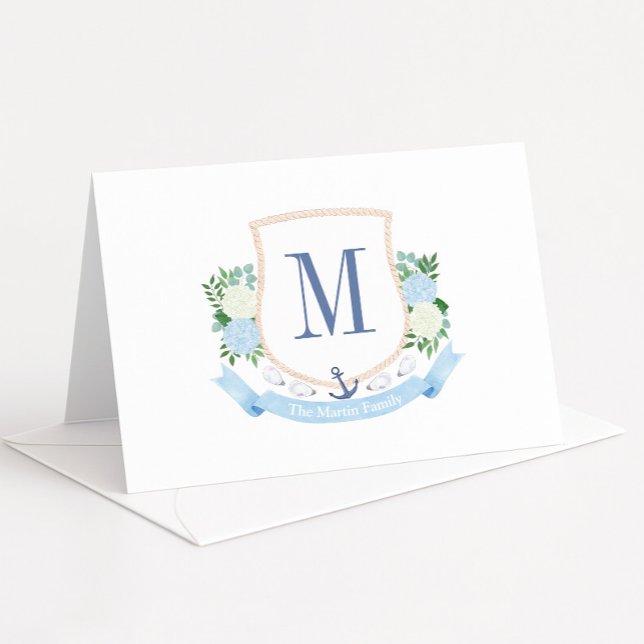 Monogramm Babydusche an der blauen und weißen Küst Dankeskarte (Single letter coastal-inspired monogram crest thank you card designs)