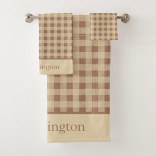 Monogramm Beige Rost Büffel Karo Rustikale Landhau Badhandtuch Set