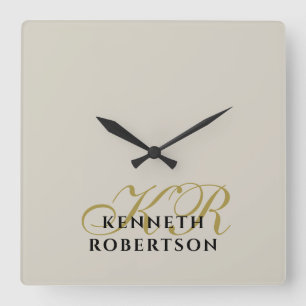 Monogramm Beige Sand Gold Schwarz Minimalist Männ Quadratische Wanduhr