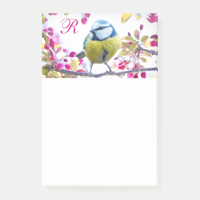 Monogramm "Bird & Blooms" Post-it Klebezettel (Vorderseite)