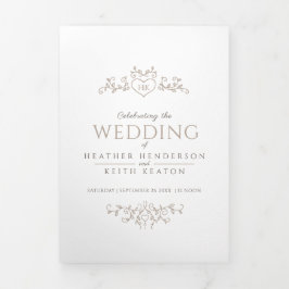 Monogramm-Blatt Herz braun-weiß Hochzeit Dreifach Gefaltete Einladung