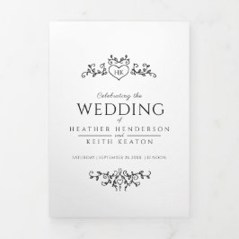 Monogramm Blatt Herz Schwarz-weiß Hochzeit All-in- Dreifach Gefaltete Einladung