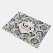Monogramm Blau & Creme Damast Blumen Hochzeit