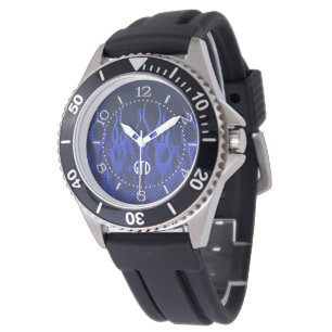 Monogramm-Blau, das Flammen auf Armbanduhr