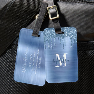 Monogramm Blau Glitter-Tropf Gebürstetes Metall Gepäckanhänger