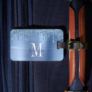 Monogramm Blau Glitter-Tropfen Gebürstetes Metall Gepäckanhänger