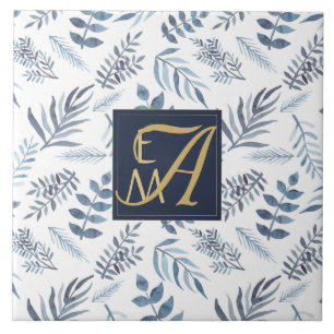 Monogramm Blau Gold Botanische Blätter Farne Fliese