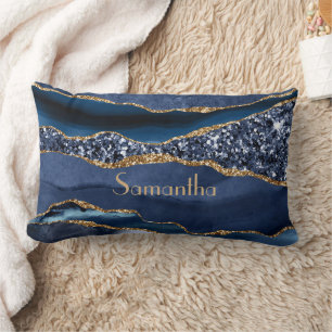 Monogramm Blau Gold Glitter Achat Marmor Glamour Lendenkissen