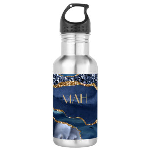 Monogramm Blau Gold Glitter Achat Marmor Trend  Edelstahlflasche