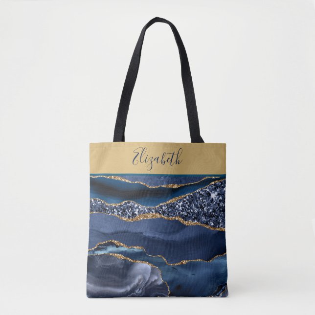 Monogramm Blau Gold Glitter Achat Trendmarmor  (Vorderseite)
