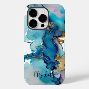 Monogramm Blau Gold Wasch Spritz Wasserfarbe Abstr Case-Mate iPhone 14 Pro Hülle