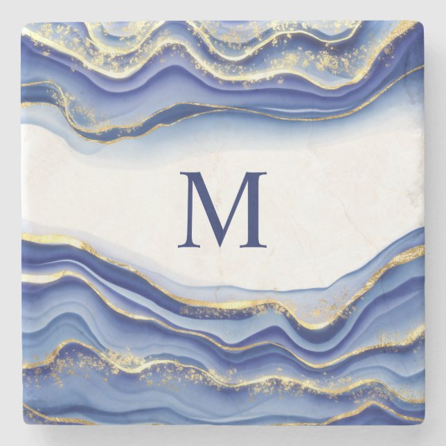 Monogramm Blau Gold Weiß Glitzer Achat Geode Gesch Steinuntersetzer (Vorderseite)