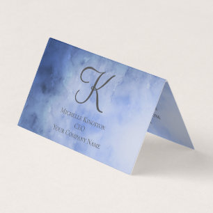 Monogramm Blau Grau Aquarell Gefaltetes Zelt Visitenkarten