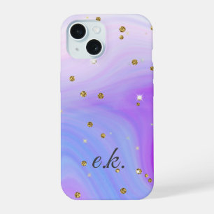 Monogramm Blau Lila Rosa Wirbel Gold Glitter iPhone 15 Hülle