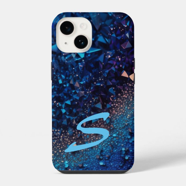Monogramm Blau Navy Glitter iPhone Hülle (Rückseite)