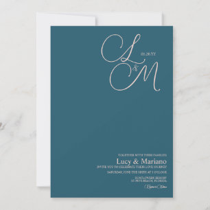 Monogramm Blau Rosa Elegantes Skript Hochzeit  Einladung