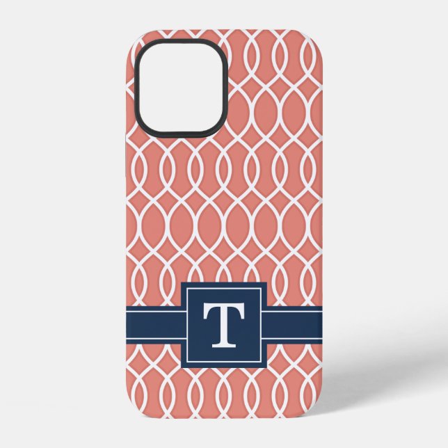 Monogramm Blau Rosa Gittermuster iPhone Hülle (Rückseite)